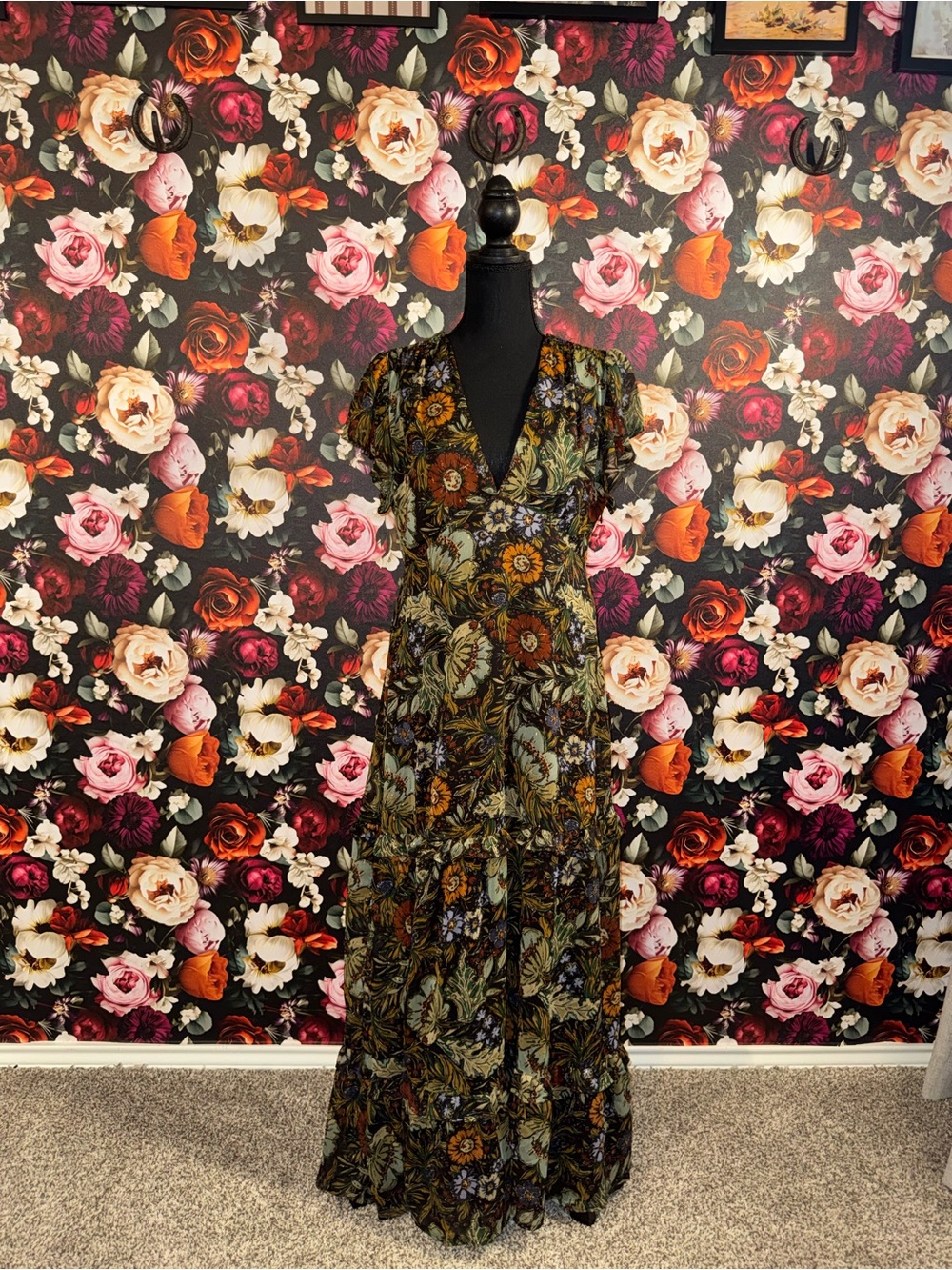 12th Tribe Black Floral Deep V-Neck Tiered Maxi Dress, Large, NWT